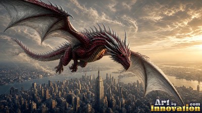 A red dragon soars through the air with wide wings over a modern city under cloudy skies