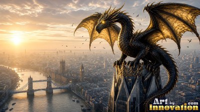 High above London at sunrise, a black winged dragon perches atop a modern skyscraper