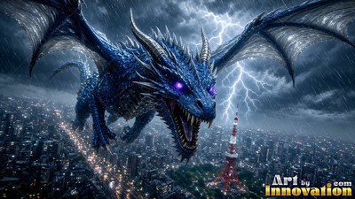 Flying through a storm , a blue dragon opens its mouth over a dark city at night