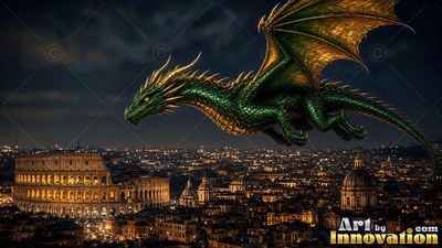 Green dragon with gold wings flying over Rome at night