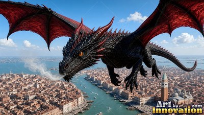 Wide red wings carry a horned black dragon over the canals of Venice under a sunny sky
