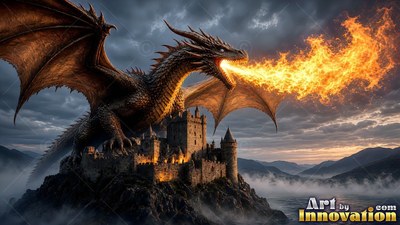 A brown dragon breathes yellow fire over a stone castle under dark gray clouds