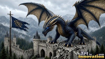 Perched on a stone castle wall, a dark blue dragon spreads its wings under gray clouds