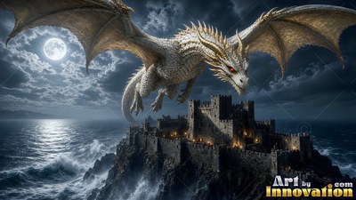 A white dragon soars through the air over a stone castle above the sea under a bright moon