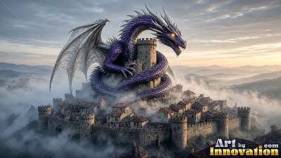 Above a foggy stone town, a purple dragon coils around a tall castle tower