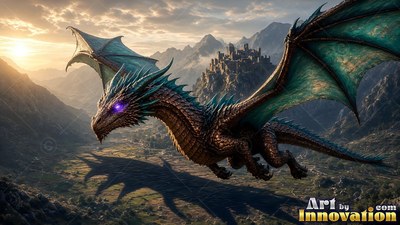 Soaring over mountain valleys, a brown dragon glides on green wings in warm sunlight