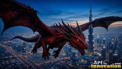 A red dragon flying over a city at night near a tall skyscraper