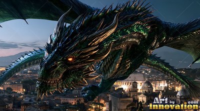 Spiky dark horns crown a green dragon gliding over an old city at dusk