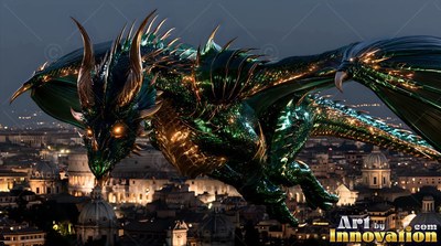 A green dragon glides over a lighted city at night, shining with gold reflections under its wings