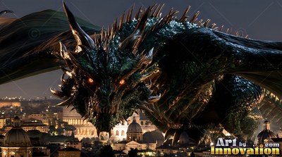 Crouched low over a city at night, a dark green dragon glares forward with red eyes