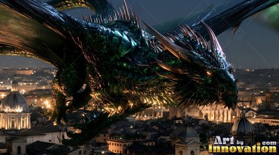 A dark green dragon flies low over a lighted old city at night