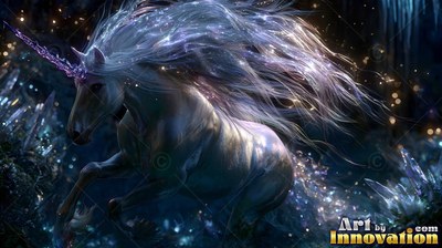 In a dark crystal cave, a snow-white unicorn rears up with a long, sparkling silver mane