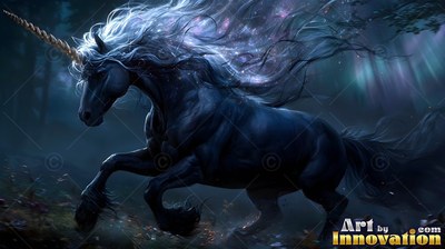 Cantering in a dark forest, a black unicorn has a spiral horn and a starry mane