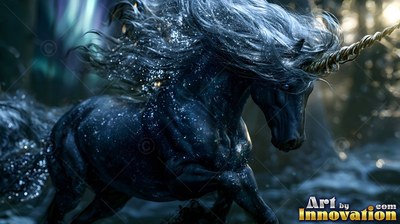 A black unicorn galloping through dark woods with snow on its coat