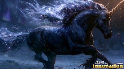 A twisted gold horn leads a dark unicorn galloping across snowy ground at night