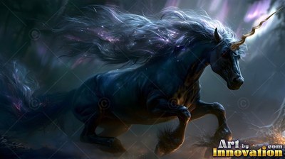 A dark unicorn gallops forward with starlight shining through its long gray mane