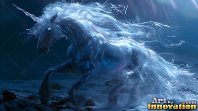 Galloping forward across dark snow, a blue unicorn trails a flowing mane