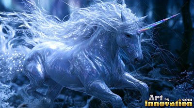 A pale blue unicorn gallops through a dark forest with its mane blowing back