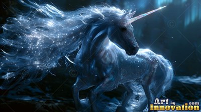 In a dark blue forest, a white unicorn runs with sparkles in its flowing mane
