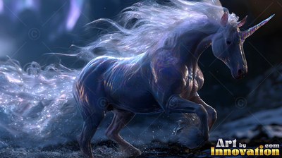 Galloping in the dark, a bright white unicorn runs with a sparkling tail and windblown mane