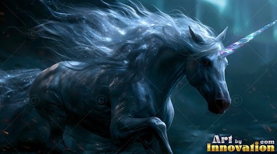 A white unicorn canters through dark blue shadows