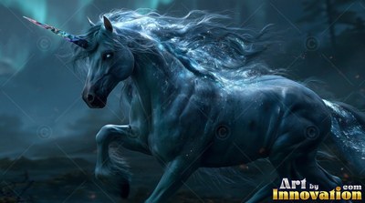 A pointed spiral horn rises from a dark unicorn galloping through a shadowy forest at night