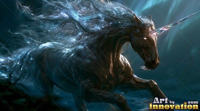 A dark unicorn charges forward through the night with cool blue light on its flowing mane
