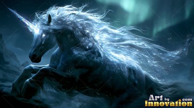 Galloping forward, a blue unicorn charges through a dark snowy night