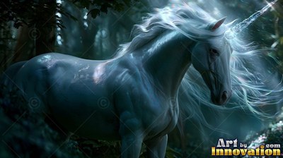 A pale white unicorn stands in a dark forest with its mane blowing in the wind