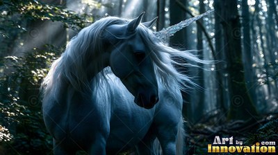In a dark forest with sunbeams, a bright white unicorn stands with its head turned