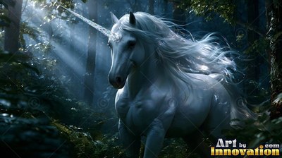 Walking into morning sunlight, a bright white unicorn pauses in a dense, dark forest