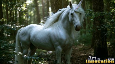 White unicorn with a long mane standing in a dark forest