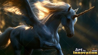 Sunlit mane flowing, a pure white alicorn gallops forward through dark woods at dawn
