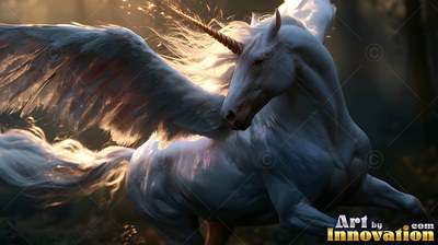 A winged white unicorn charges through the woods with warm sunlight on its mane