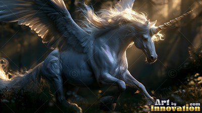 Leaping through a dark forest, a winged pale white unicorn catches bright sunbeams