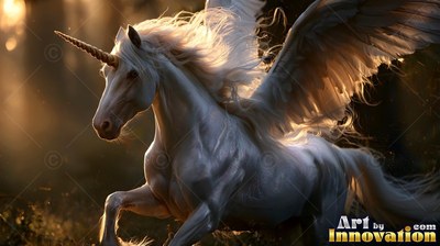 A bright white unicorn with wings gallops through dark woods in warm sunlight
