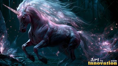 In a dark forest, a pale pink unicorn rears up with a long, sparkling mane
