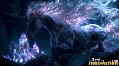 Galloping past purple crystals, a white unicorn runs with a sparkling mane