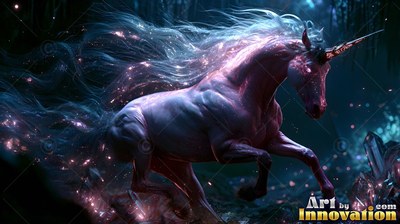 Pink unicorn galloping through a dark forest with blue light