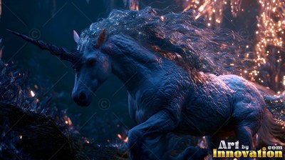 A spiraled black horn leads a pale unicorn galloping through dark woods sparkling with golden lights