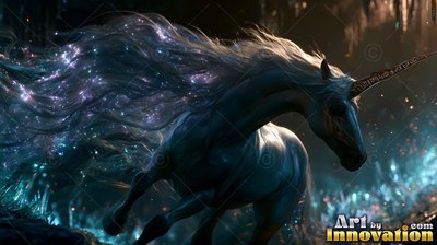 An unicorn charges through the dark with sparkling light caught in its mane