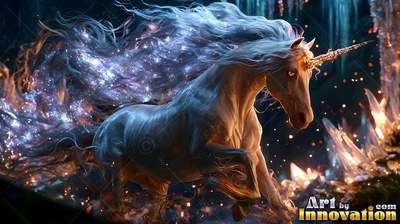 Galloping in profile, a pale white unicorn runs past icy crystals with shining sparks
