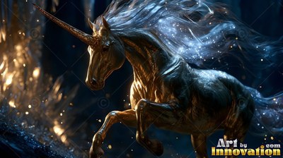 A dark golden unicorn sprints through the night with sparks in its mane