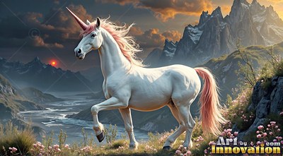 In a rocky mountain valley at sunset, a pure white unicorn steps forward
