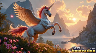 Rearing up by a mountain lake, a winged unicorn spreads pale feathers at sunset