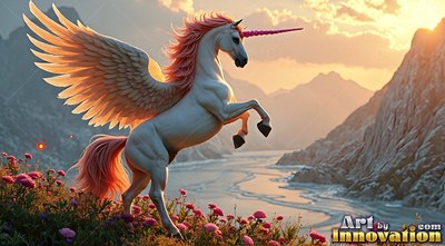 Winged white unicorn rearing up in a pink flower field near mountains
