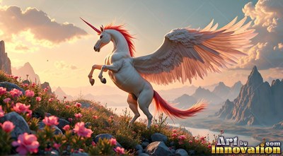 Red mane flowing, a winged alicorn rears up on a rocky hill covered in pink flowers