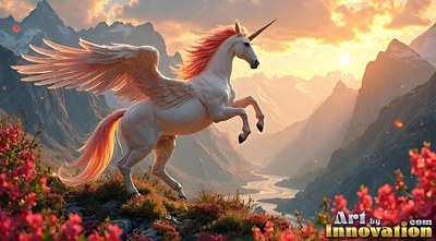 A winged unicorn rears up in a mountain valley under warm sunset light