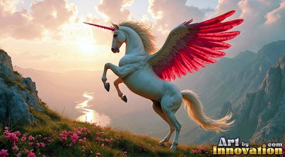Rearing on a mountain ridge, a snow-white alicorn opens its red wings at sunset