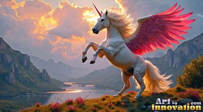 A pure white alicorn rears up on a grassy hill with pink wings spread wide